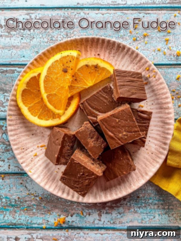 A stunning hero shot of chocolate orange fudge cubes with vibrant orange slices, designed to capture attention and inspire baking.