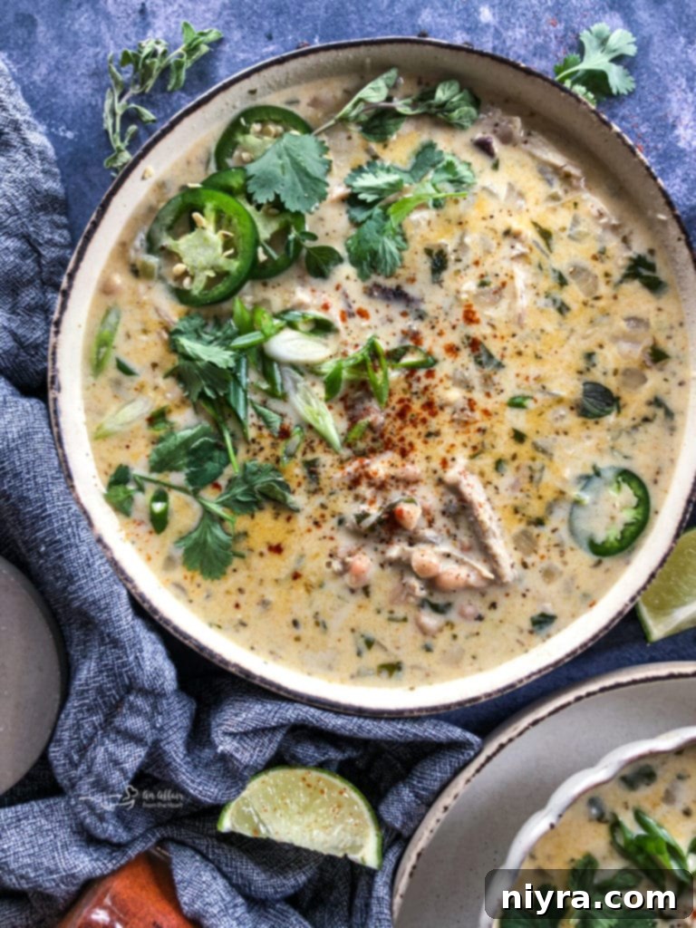 Overhead shot of White Chicken Chili, a different chili variety, but equally comforting.