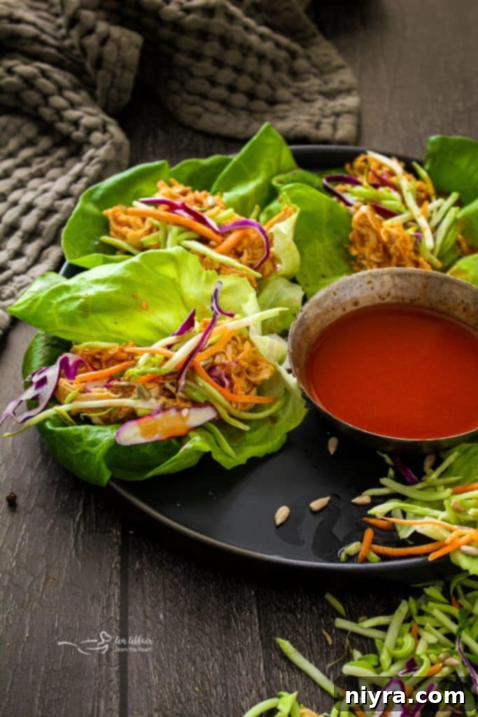 Close up of Buffalo Chicken Lettuce Wraps, another buffalo-flavored dish.