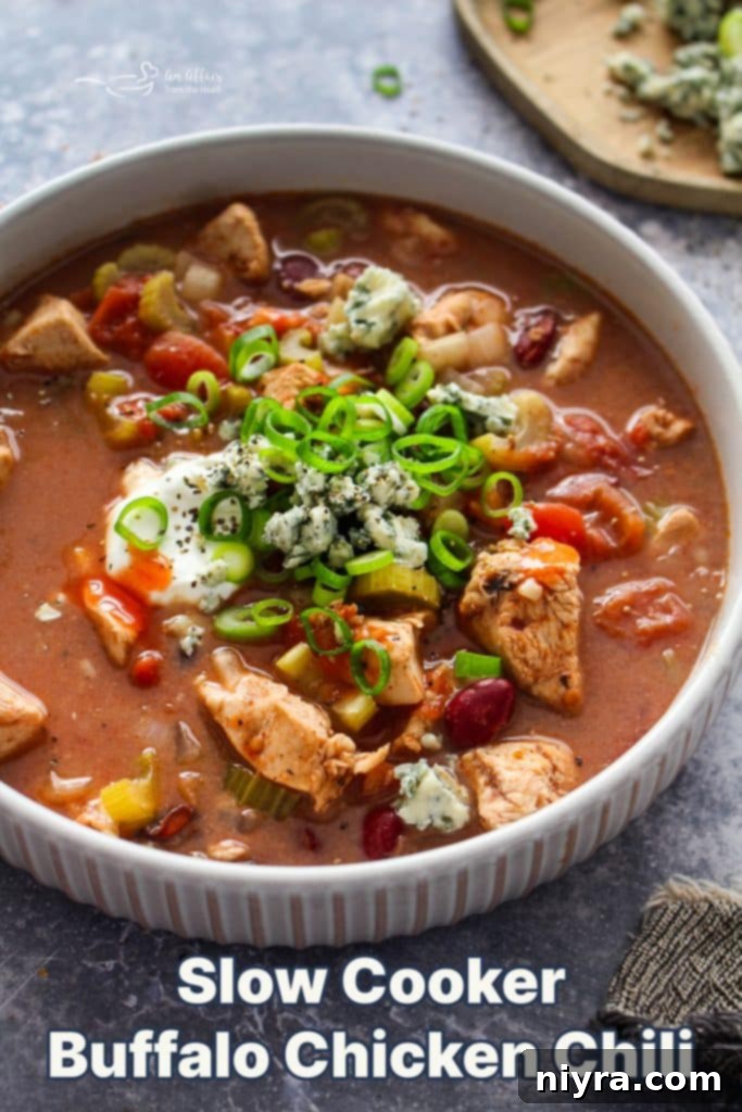 A vibrant, delicious bowl of Slow Cooker Buffalo Chicken Chili, ready to be enjoyed.