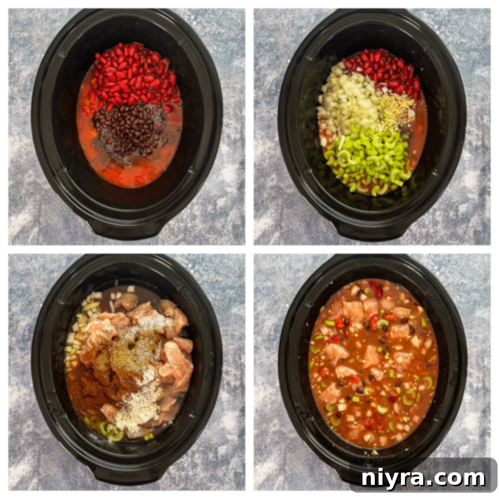 All the raw ingredients for Slow Cooker Buffalo Chicken Chili combined in the slow cooker pot.