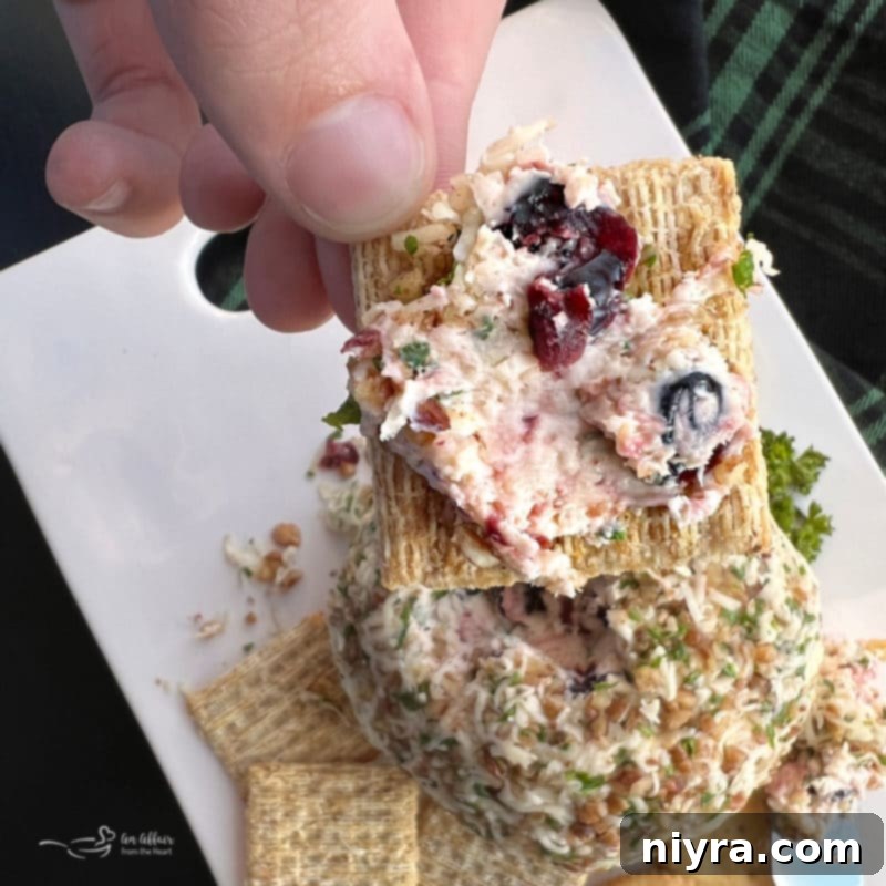 Dorothy's Holiday Cheese Ball on a platter