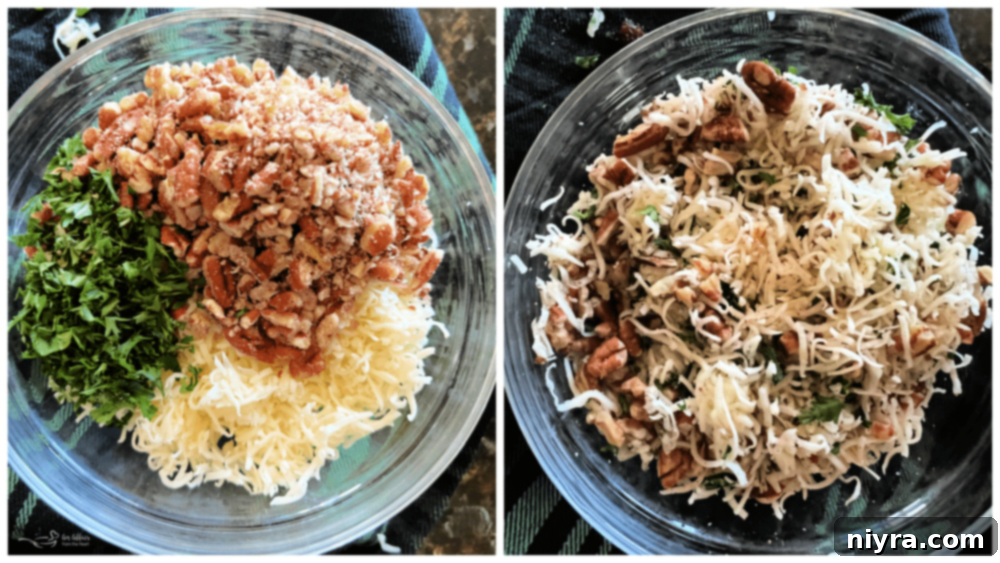 Mixing pecans, cheese, and parsley for coating