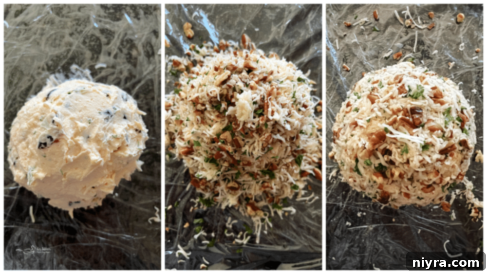 Coating the cheese ball with pecan mixture
