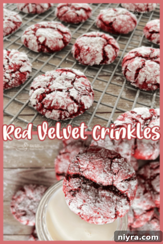 A batch of red velvet crinkle cookies cooling on a wire rack, with a festive text overlay.