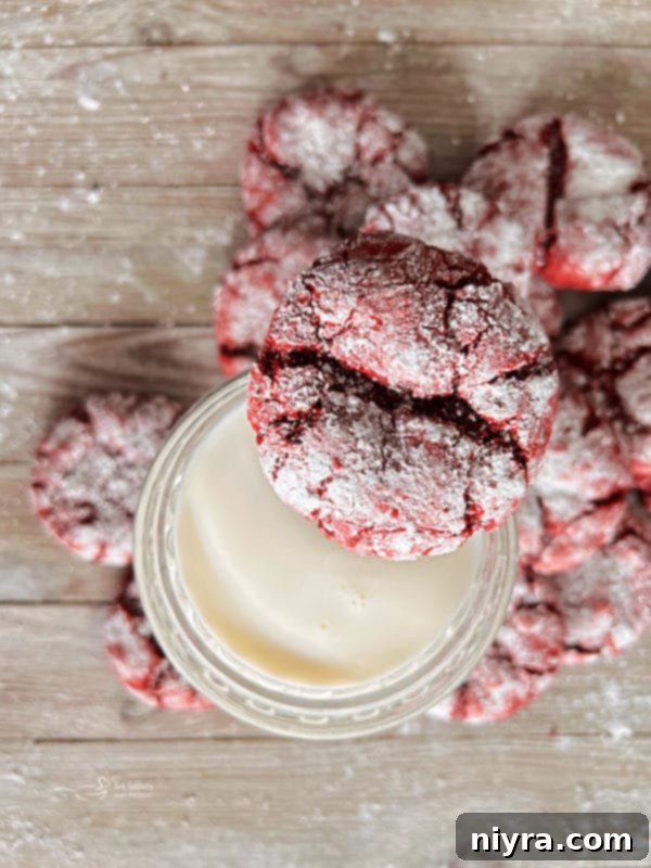 A freshly baked red velvet crinkle cookie being dipped into a tall glass of milk, highlighting its soft, inviting texture.