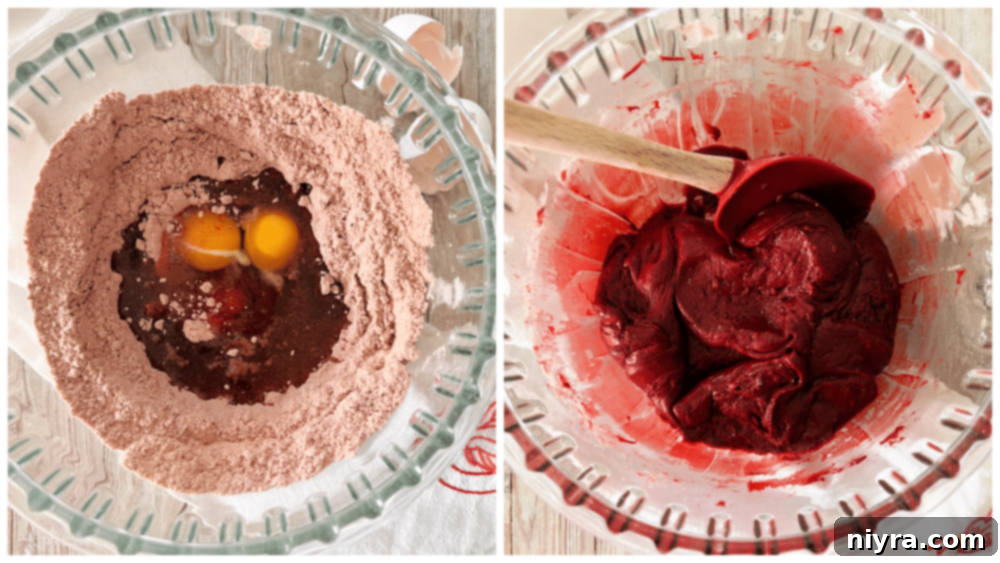 Hands adding eggs and vegetable oil to a bowl of red velvet cake mix and mixing the ingredients with a spoon.