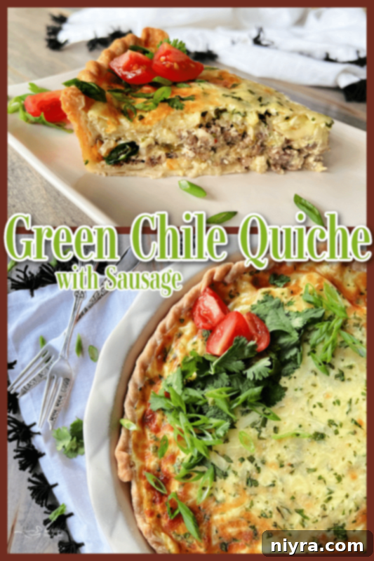A large slice of Green Chile Quiche with Sausage on a plate, with a fork, ready to eat.