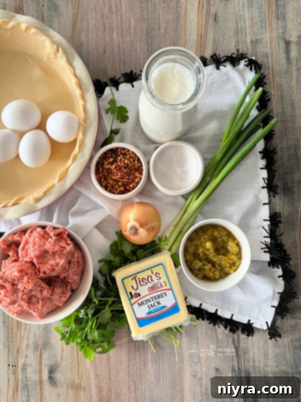 A whole Green Chile Quiche with Sausage, just out of the oven, topped with fresh cilantro.