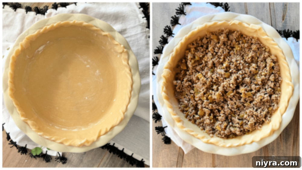 Shredded Monterey Jack cheese layered over sausage mixture in a pie crust.