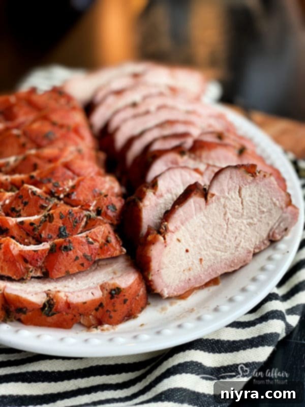 Our Ten Best Recipes from 2021 17 A perfectly cooked Smoked Pork Loin, showing a beautiful smoke ring, presented on a platter.