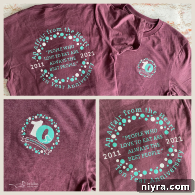 Our Ten Best Recipes from 2021 6 An Affair from the Heart 10 Year Anniversary T-shirts, featuring a charming logo and celebratory design.