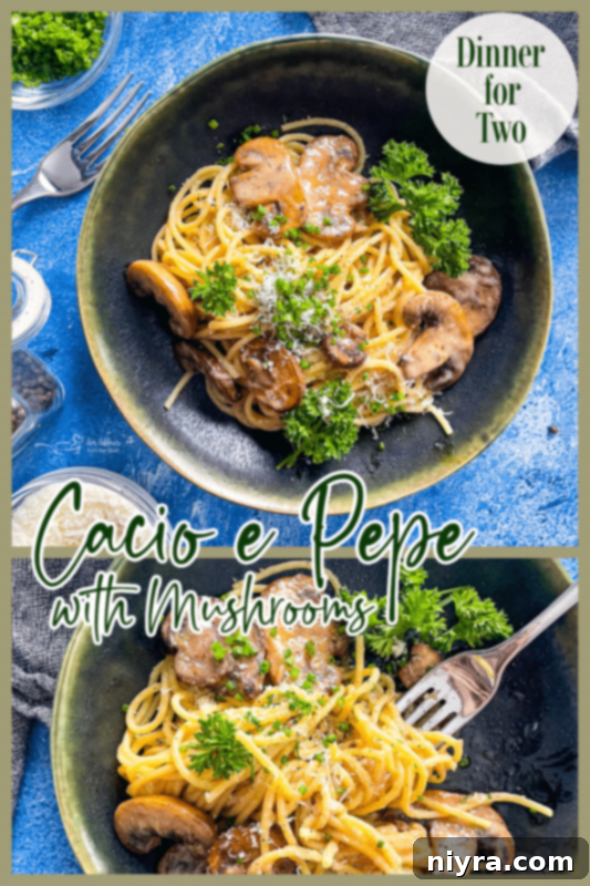 A collage of two images of creamy Cacio e Pepe with mushrooms, showcasing different angles and garnishes, perfect for a meal for two.