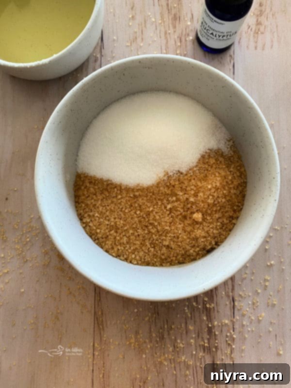 Close-up of eucalyptus mint sugar scrub texture.