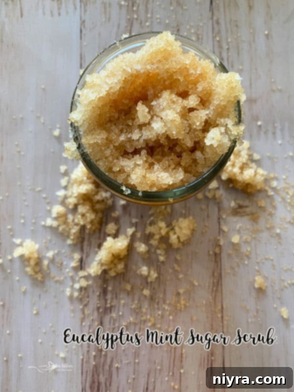 Eucalyptus mint sugar scrub jar with a simple label.