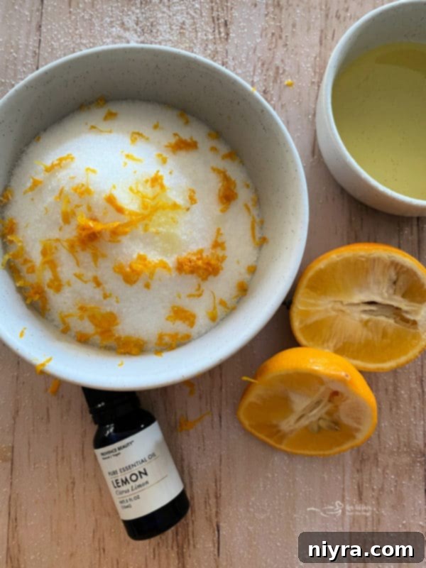 Close-up of lemon sugar scrub with lemon zest.