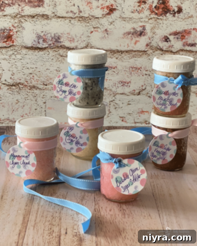 Collage of various homemade sugar scrubs in jars.