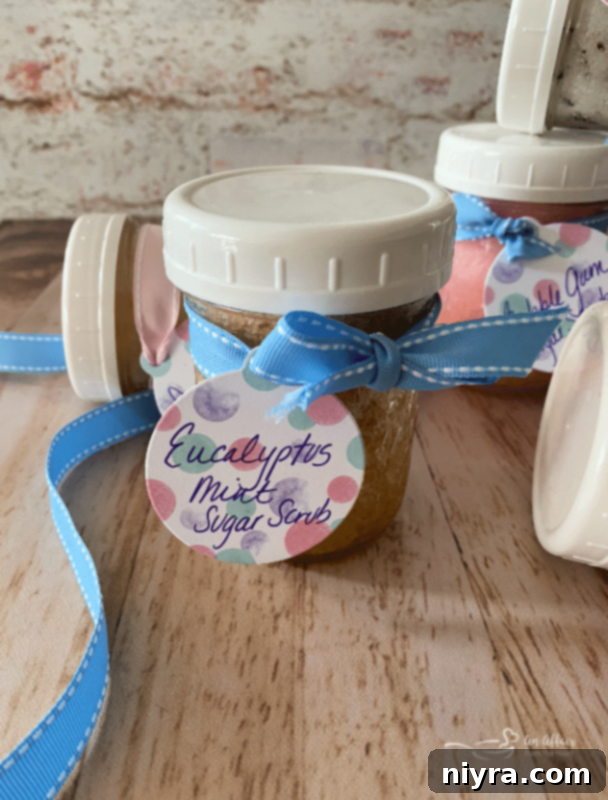 Homemade sugar scrub in a jar with decorative elements.