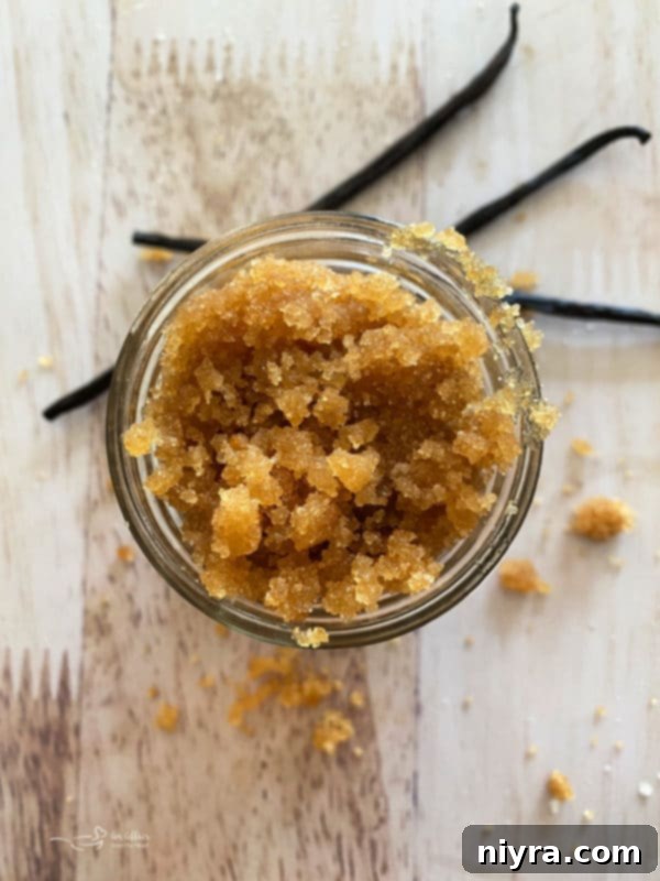 Rich brown sugar vanilla scrub in a glass jar.