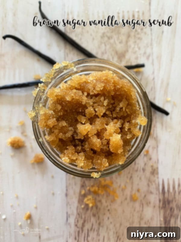 Brown sugar vanilla scrub in a jar with a decorative tag.