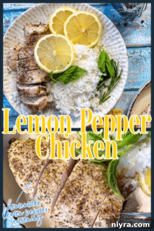Two vertical Pinterest-style images featuring baked lemon pepper chicken, promoting the recipe.