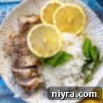 one plate with chicken breast, rice, lemon, rosemary, and basil
