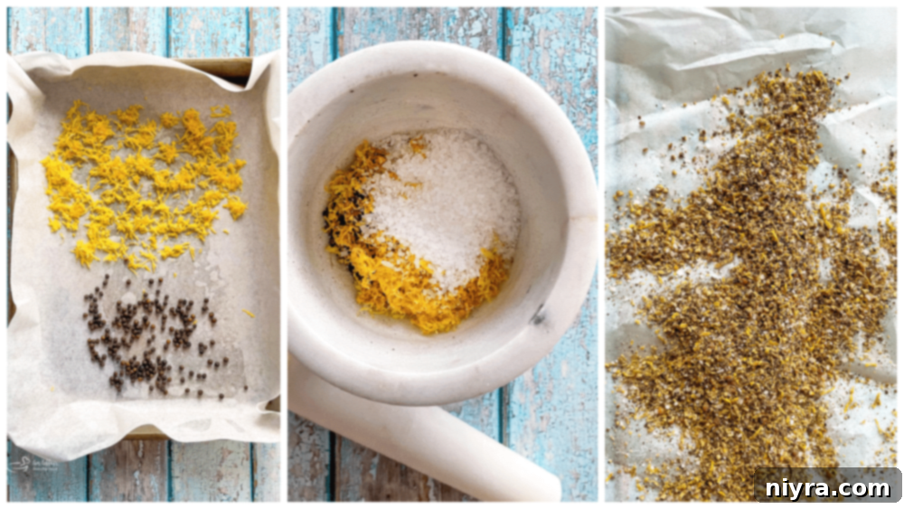 Lemon zest and black peppercorns drying on a baking sheet, followed by the blended homemade lemon pepper mix.