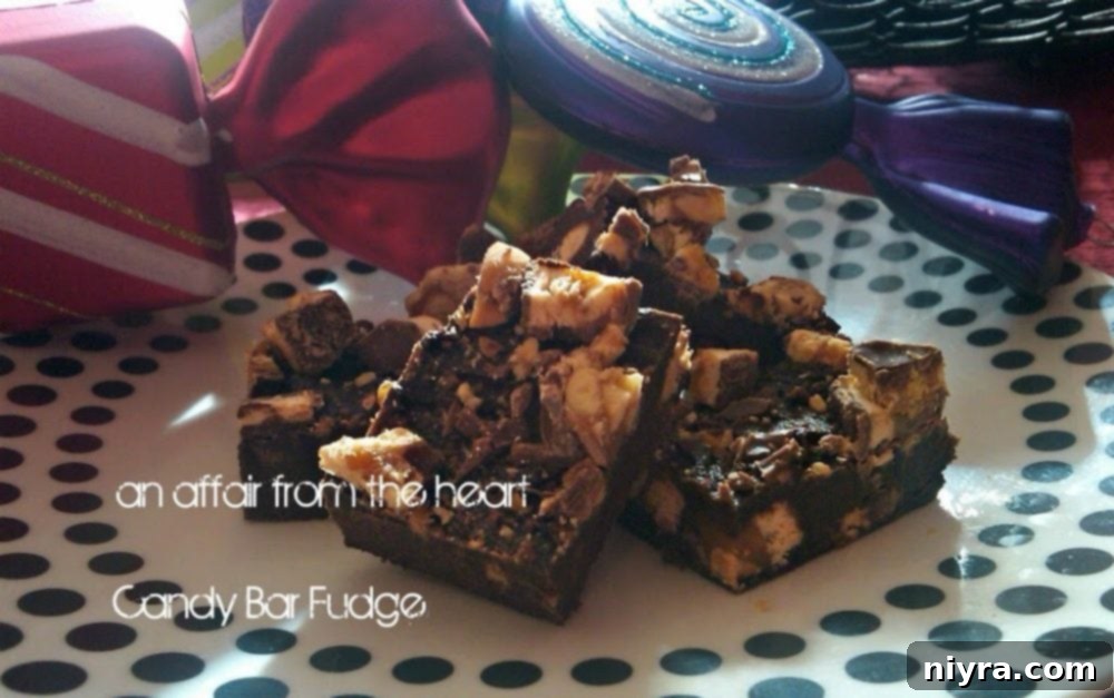 Side view of candy bar fudge on a white plate with polka dots