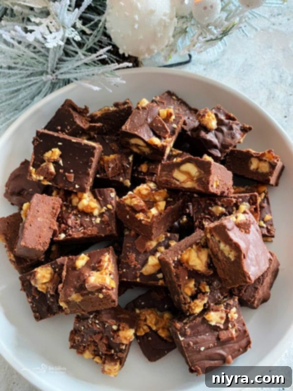 Close-up of Snickers Candy Bar Fudge with visible Snickers pieces