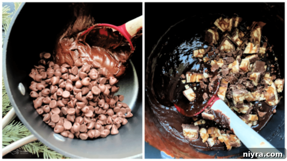 Melting chocolate and frosting for candy bar fudge