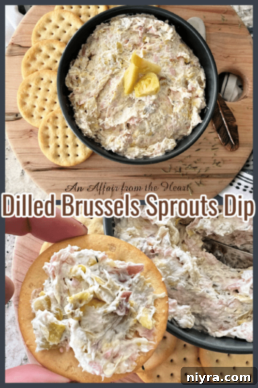 Dilled Brussels Sprouts Dip served with chips and dill garnish