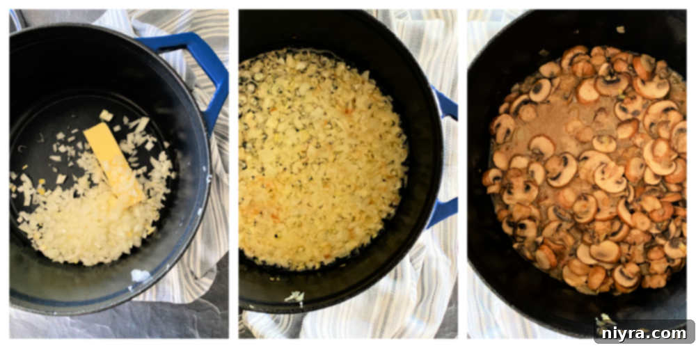 A step-by-step visual guide for making Homemade Cream of Mushroom Soup, showing ingredients and various cooking stages.