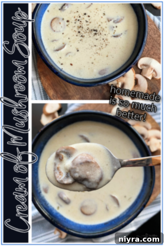 A festive image featuring the Homemade Cream of Mushroom Soup recipe card with a 'Pin it!' overlay.