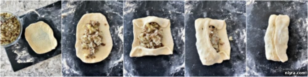 Collage showing steps for folding a Runza sandwich