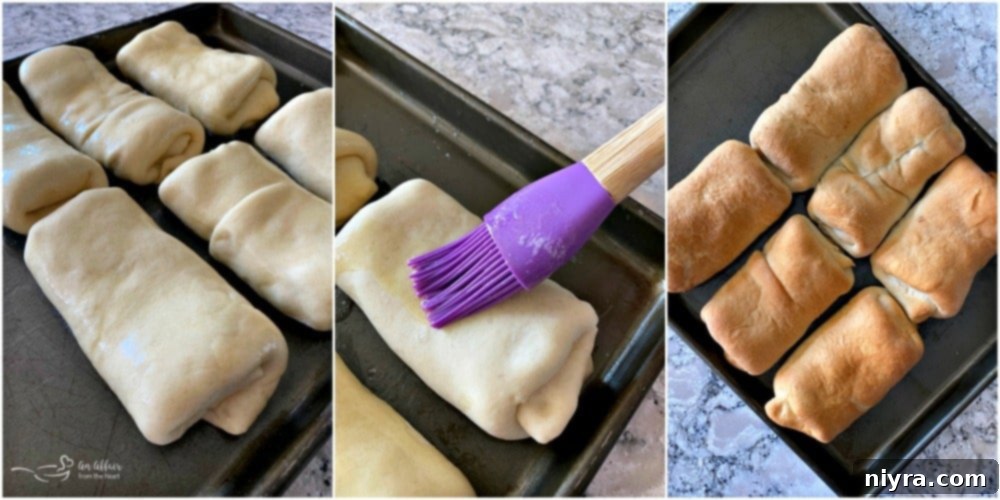 Collage showing Runza rolls being brushed with butter before baking