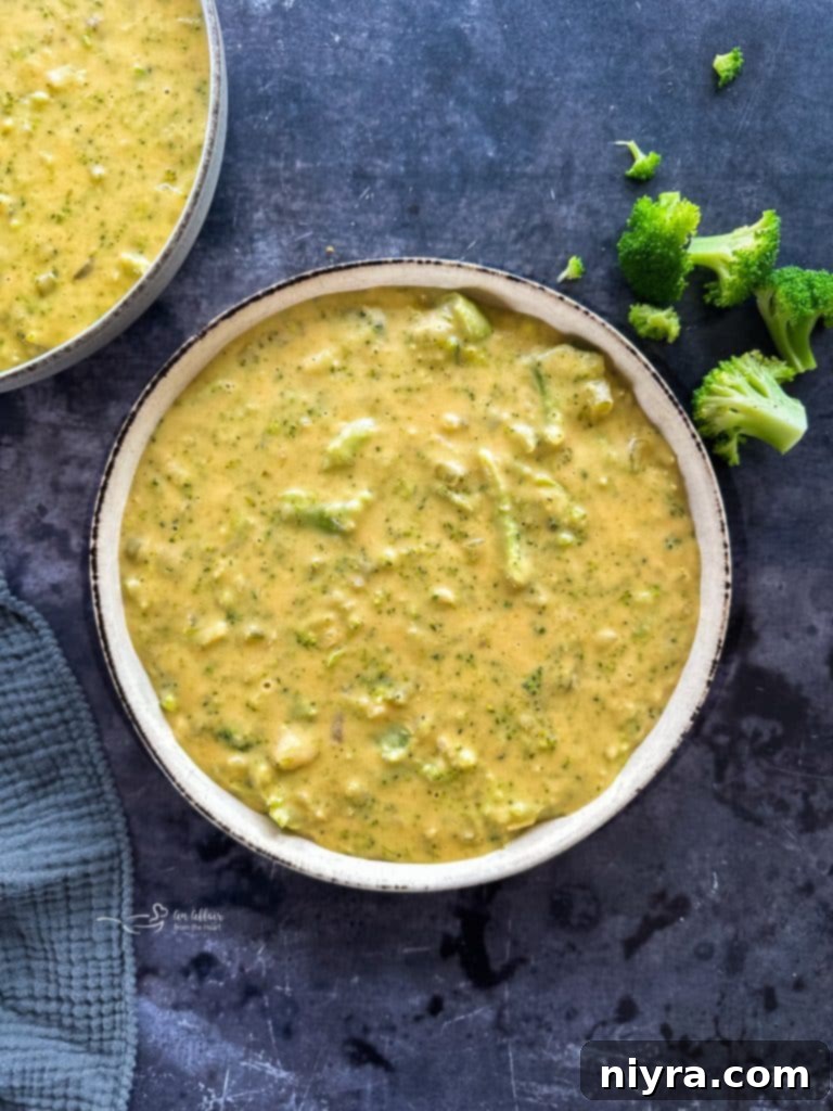 Delicious creamy broccoli cheese soup in a bowl