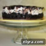 Side view of cookies and cream ice cream cake on a cake stand