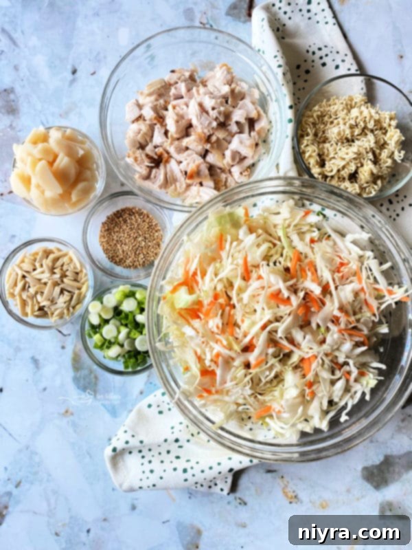 Ingredients for Chinese Chicken Salad laid out