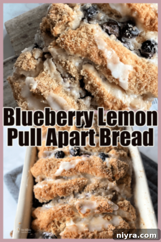 Appetizing shot of Blueberry Lemon Pull Apart Bread, showing its fluffy texture and golden crust