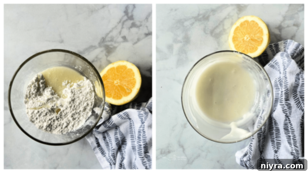 Whisking powdered sugar and lemon juice together for a smooth lemon glaze
