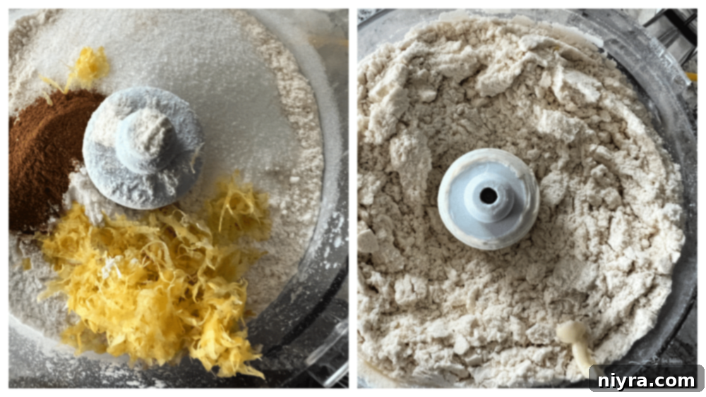 Pulsing flour, sugar, baking powder, salt, lemon zest, and cinnamon in a food processor