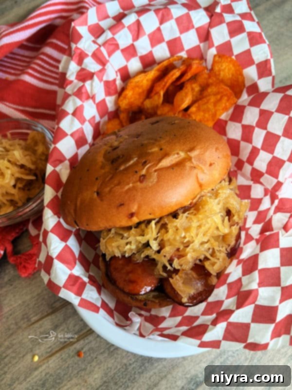 BBQ Smoked Sausage with Kraut on a bun