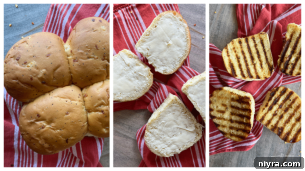 Butter toasted buns on a grill