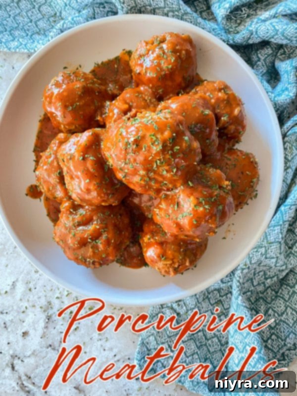 Close up of a skillet of Porcupine Meatballs