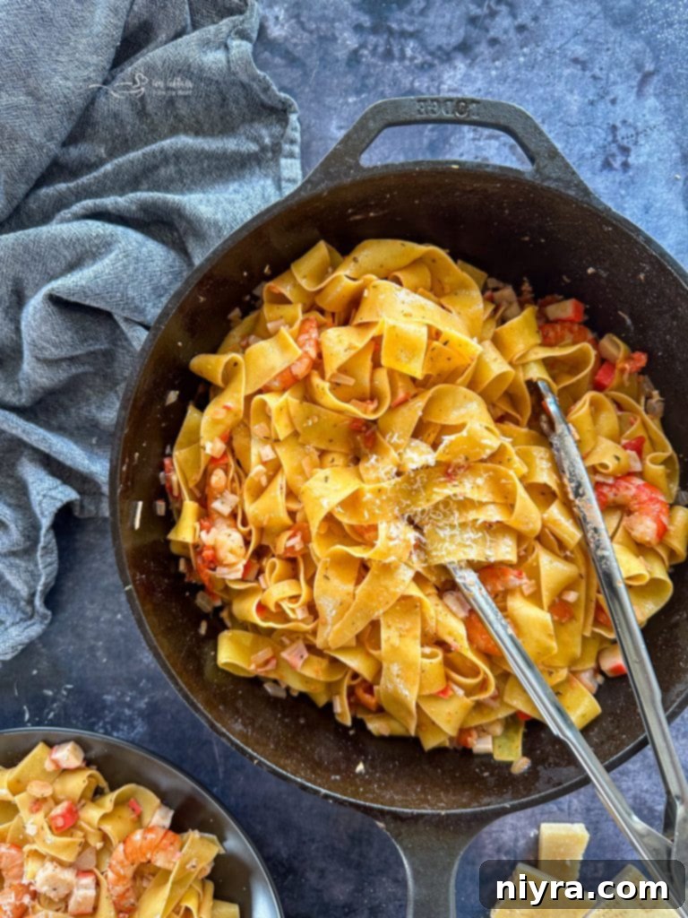 Ingredients for Shrimp and Crab Pasta laid out on a kitchen counter, ready for preparation.