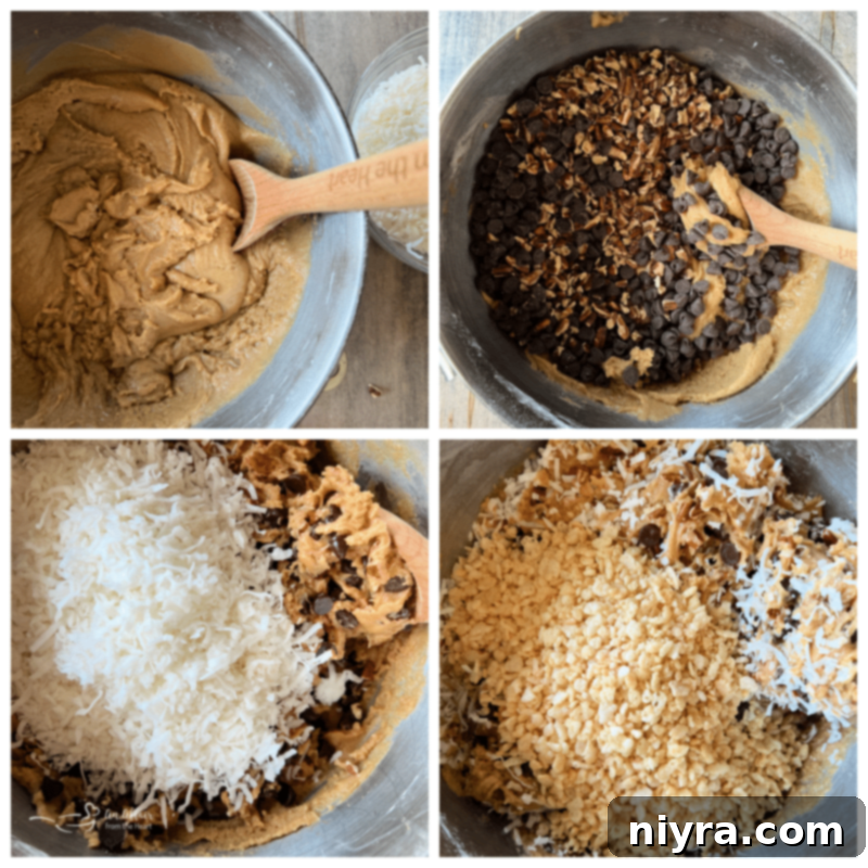 Adding nuts, chocolate chips, coconut, and Rice Krispies to the cookie dough.