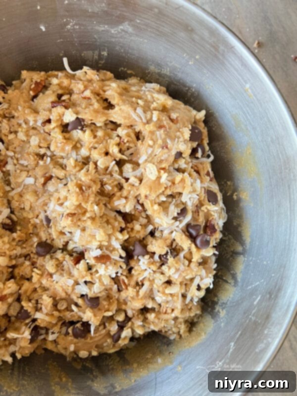 The finished cookie batter, ready for baking, showcasing all the delicious mix-ins.