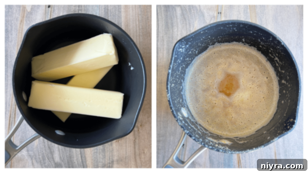 The process of browning butter in a saucepan, showing its amber color and foamy texture.