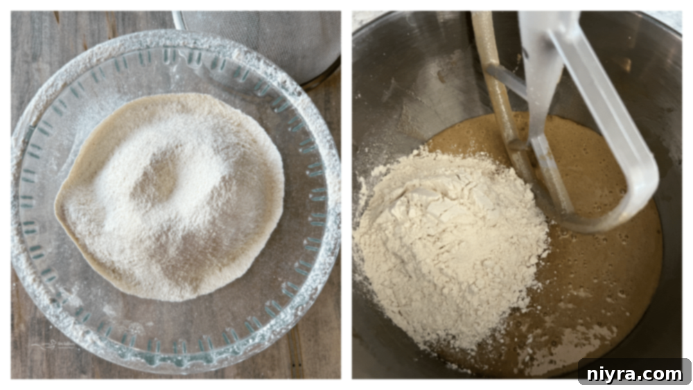 Sifting dry ingredients: flour, baking soda, baking powder, salt, and cinnamon into a bowl.