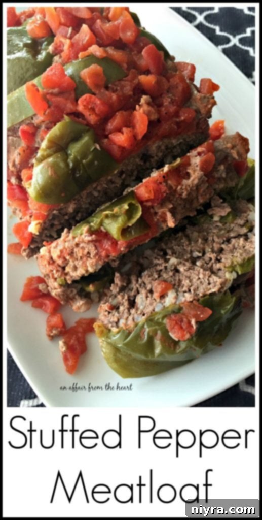 A close-up shot of Stuffed Pepper Meatloaf with visible tomato and pepper topping